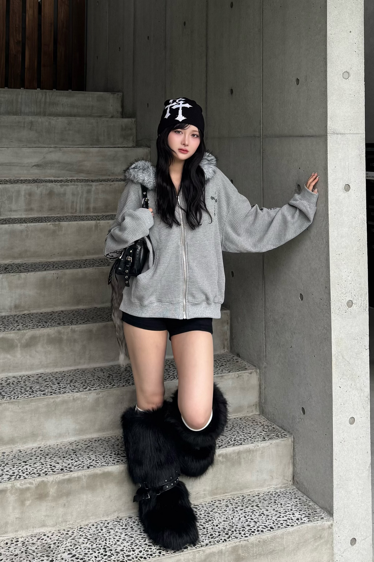Ash fur waffle hoodie KsG30081