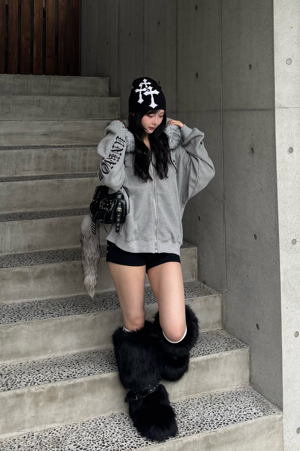 Ash fur waffle hoodie KsG30081