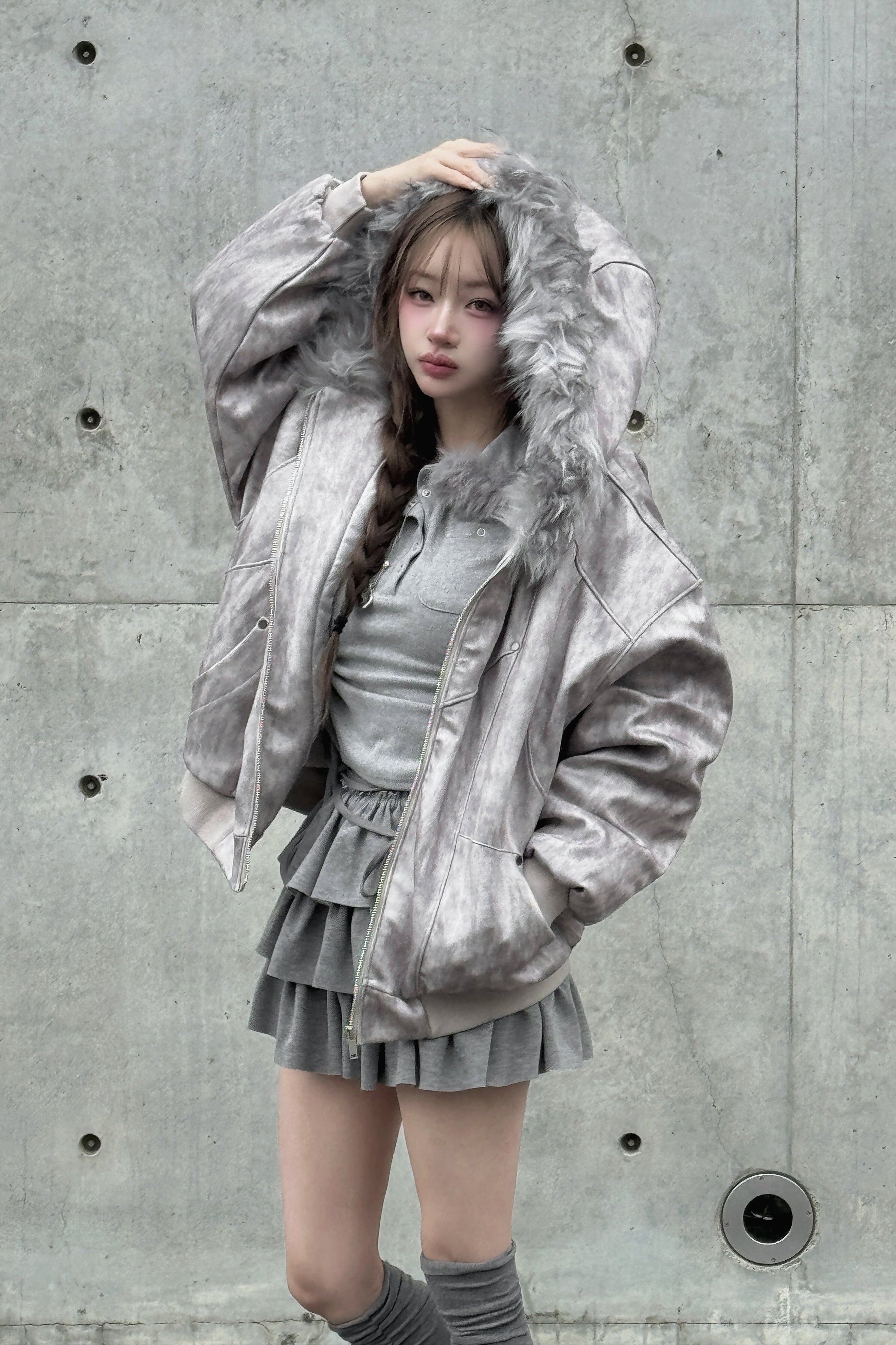 Wash Gray Fur Down Jacket KSG30051