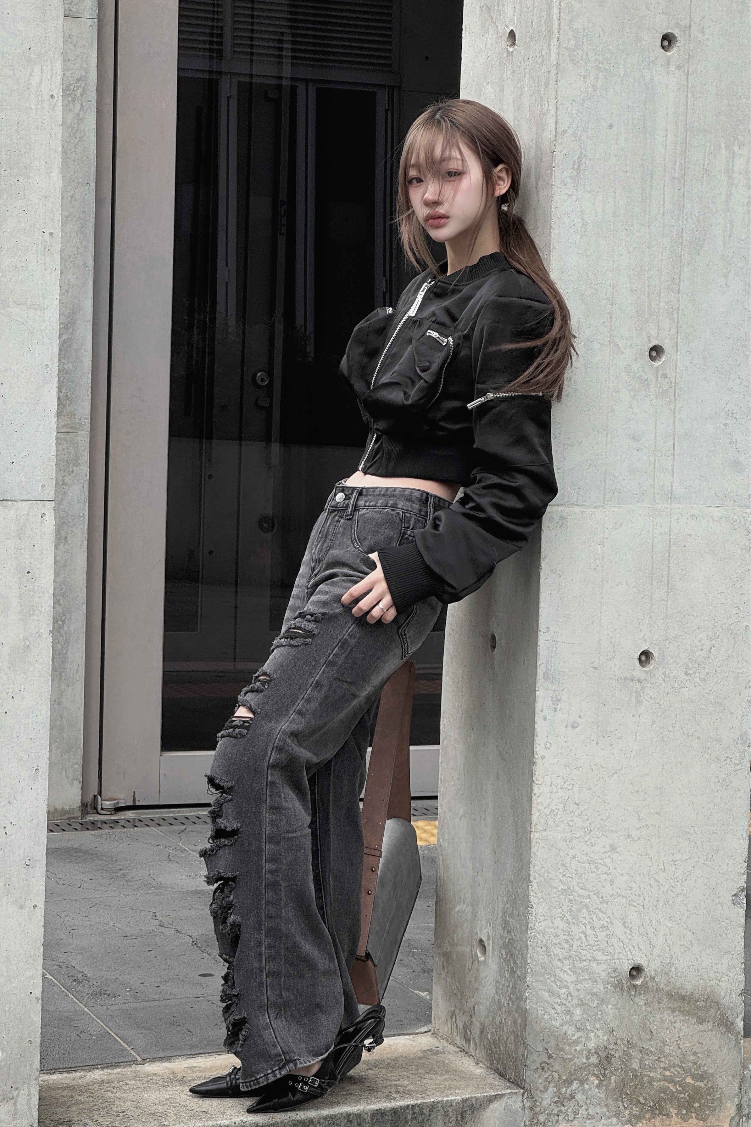 multi damage wide denim KSG19313