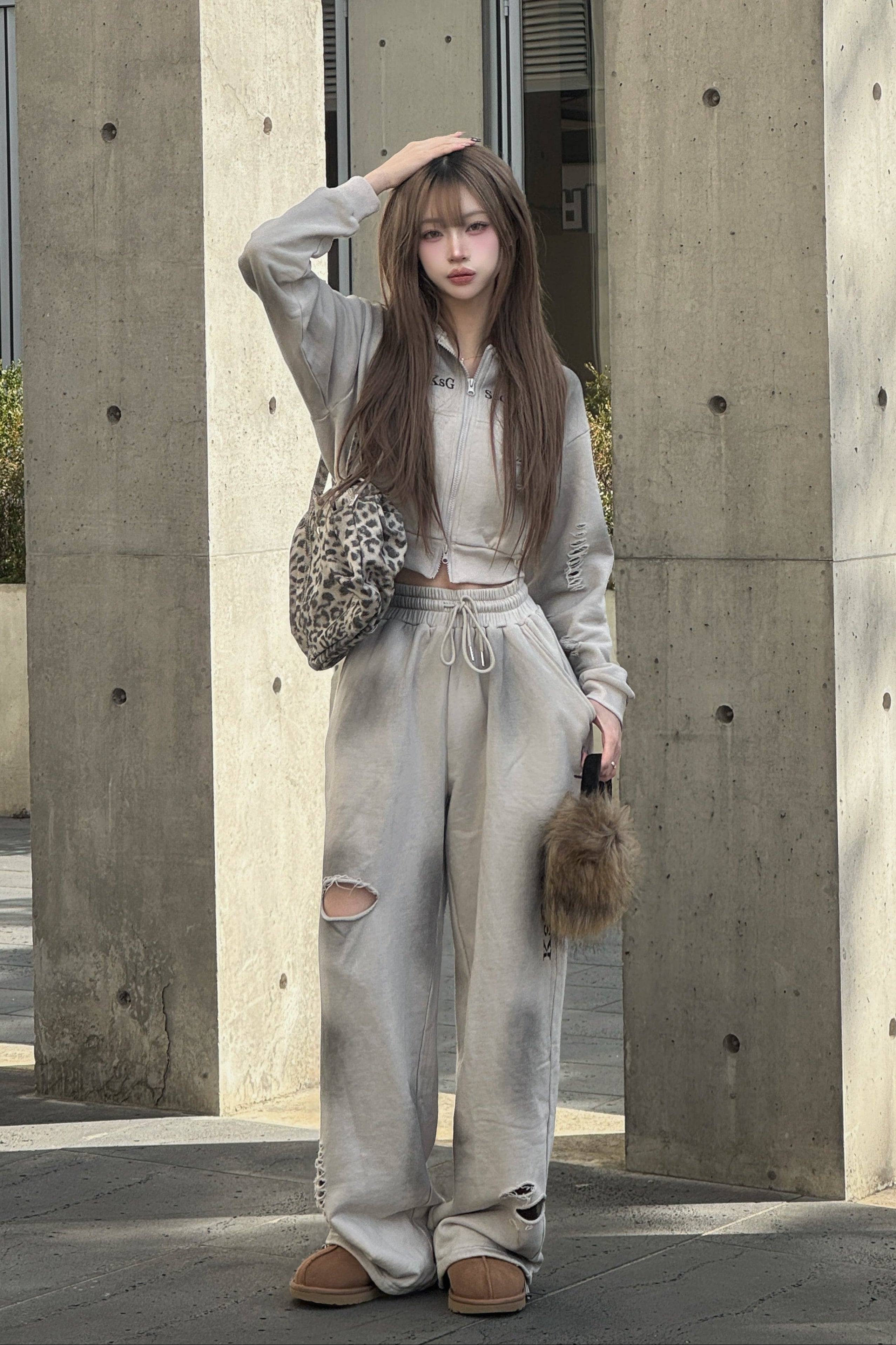 クロップドダブルジップダメージセットアップ KSG30046