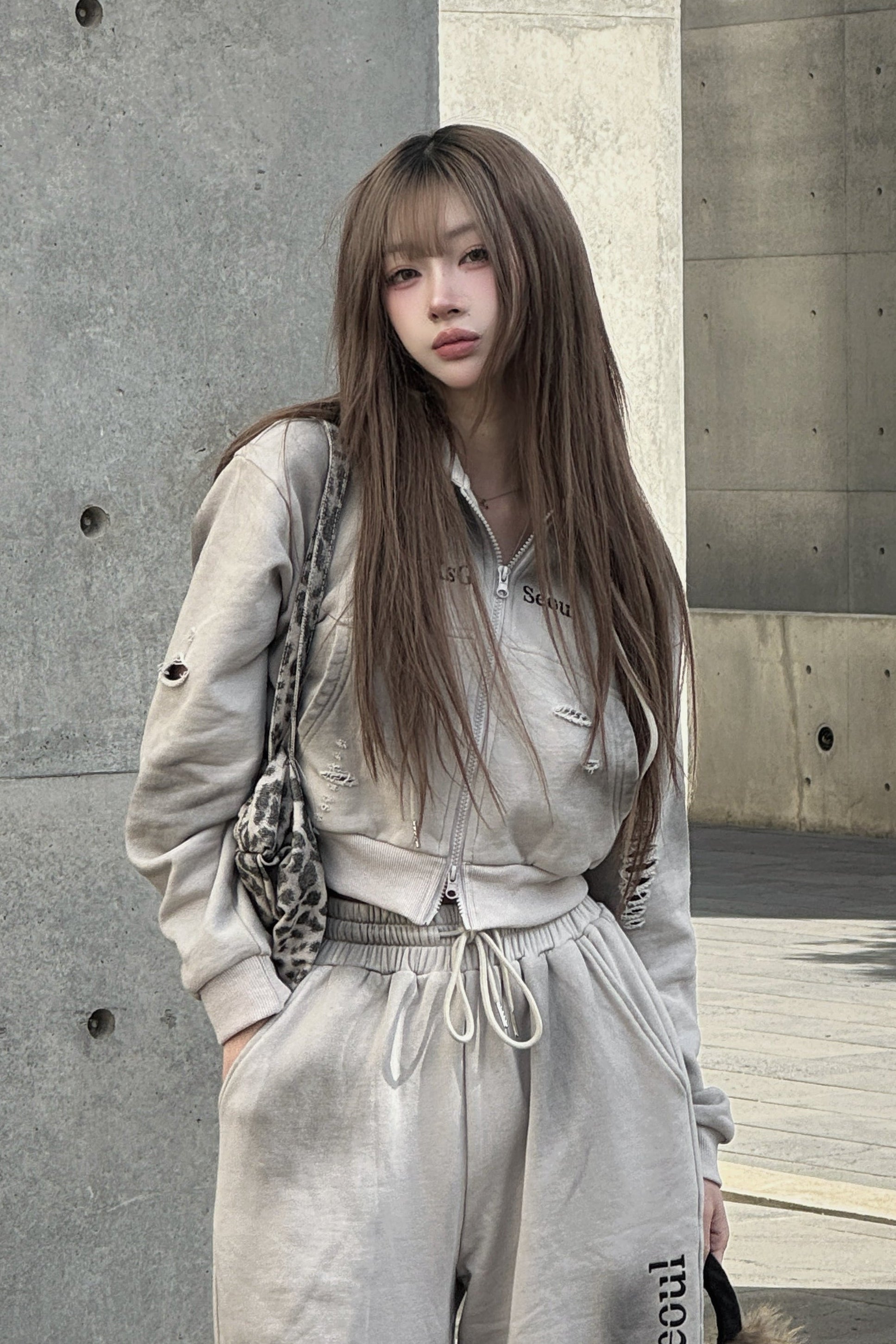 クロップドダブルジップダメージセットアップ KSG30046