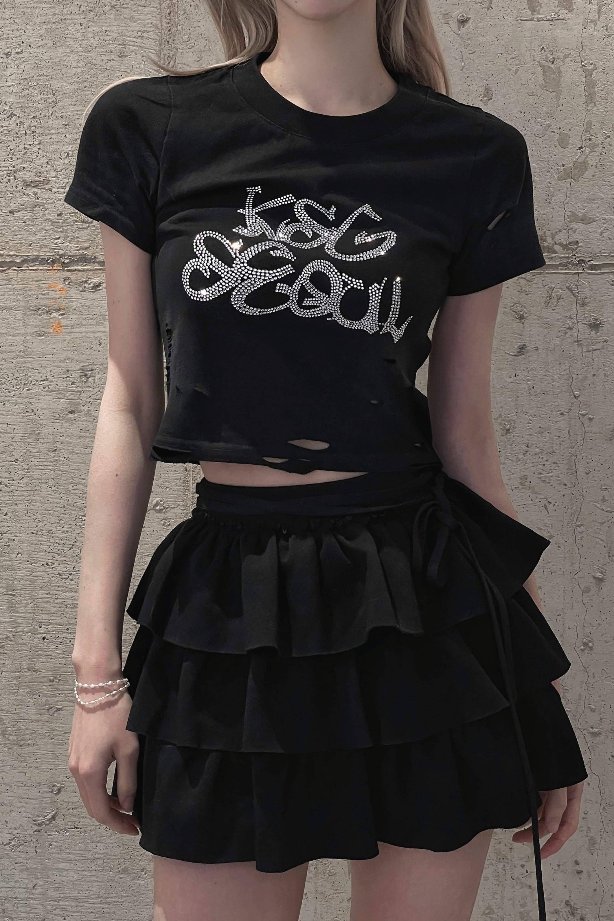 ダメージラインストーンクロップドTシャツ KSG21147