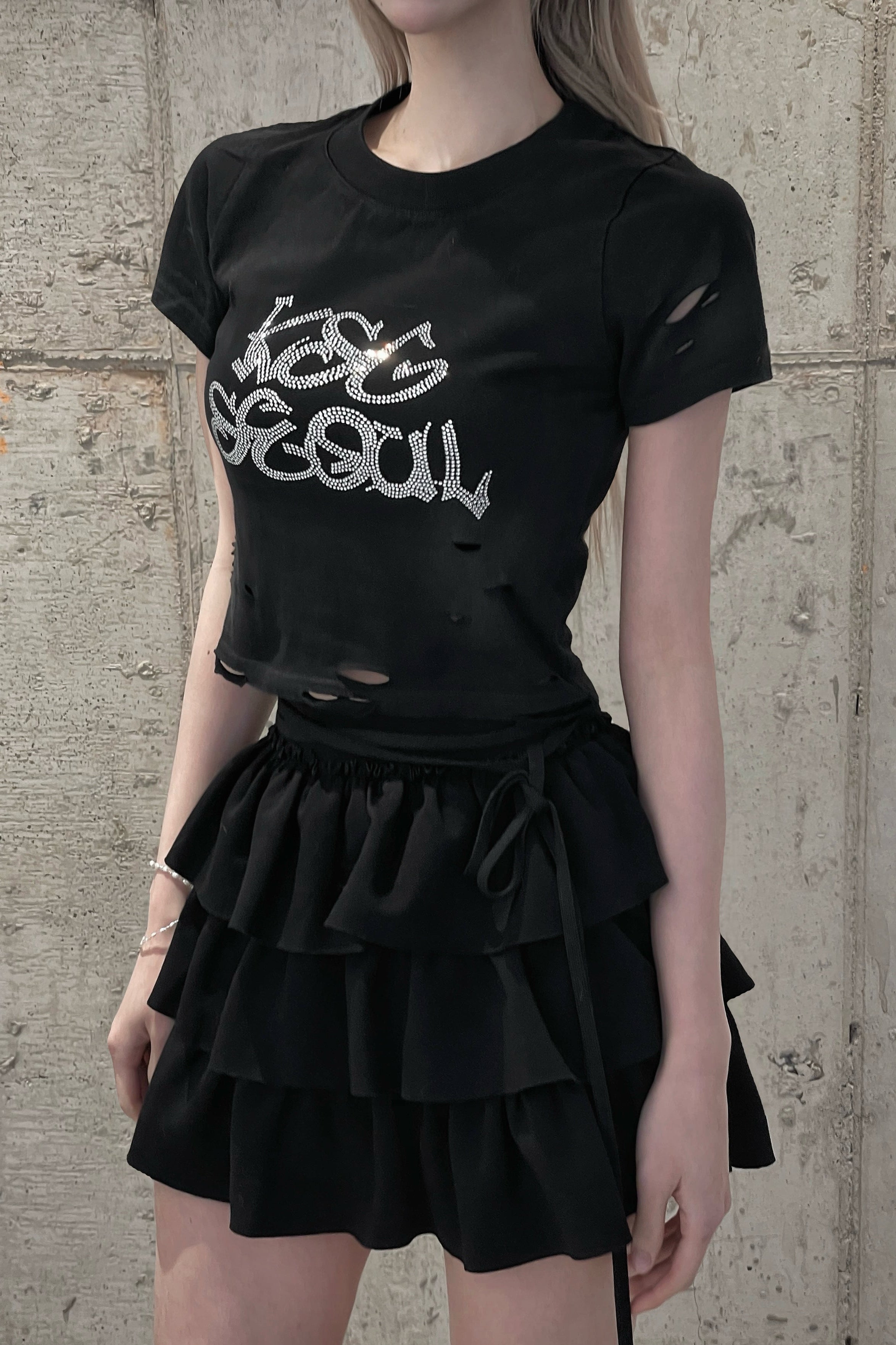 ダメージラインストーンクロップドTシャツ KSG21147