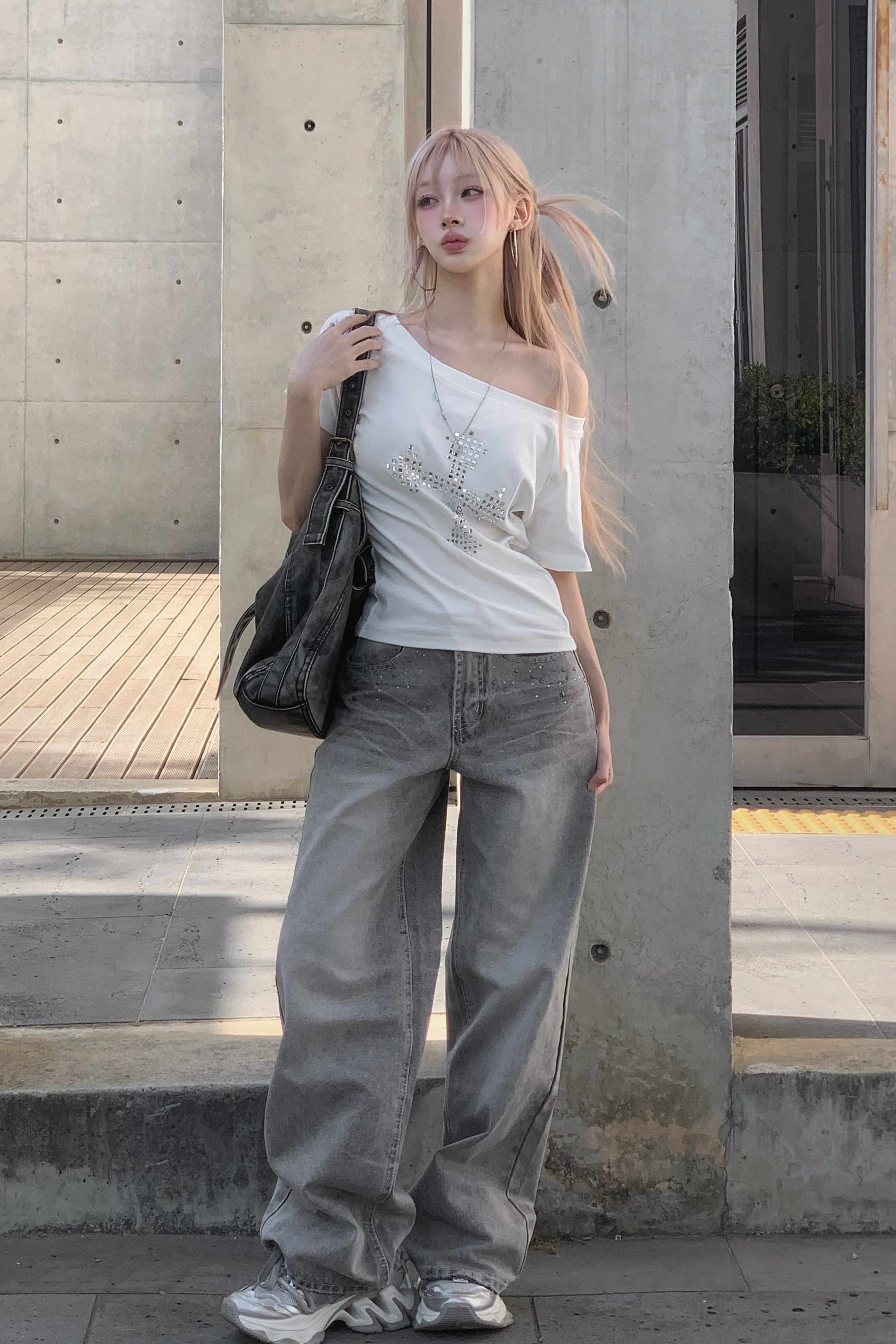 クロススタッズワンショルダーTシャツ KSG21229