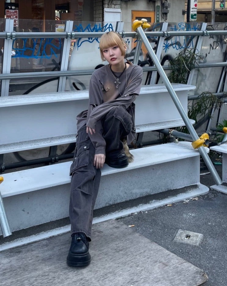 ダメージルーズピンロングTシャツ KSG20670