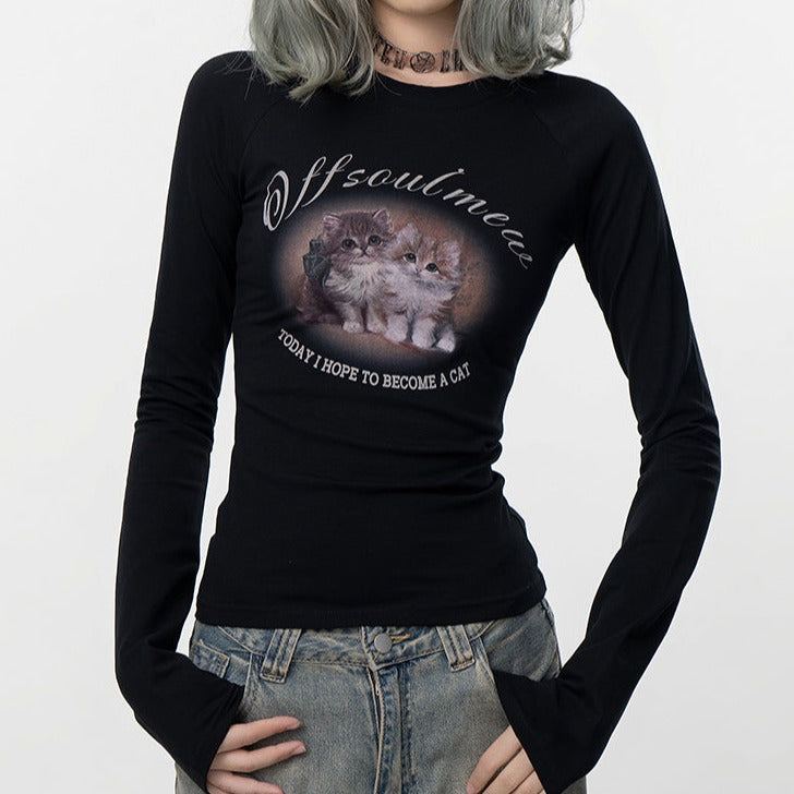 キャットプリントロングTシャツ KSG17841 | 韓国ストリート